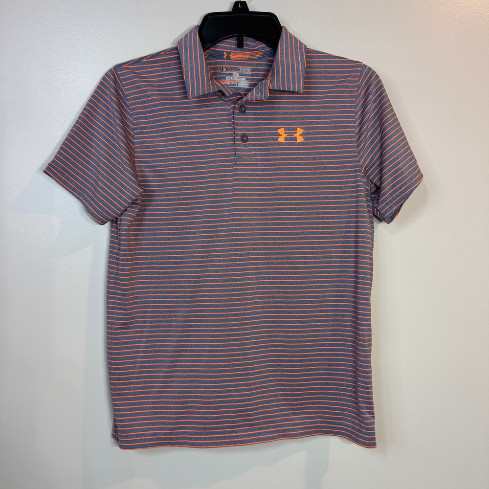 Under Armour Golf Polo Shirt Boys L Loose Heatgear Orange Stripe Performance
